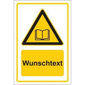 Schild Warnzeichen Hinweiszeichen Achtung, Handbuch lesen gelb mit WUNSCHTEXT