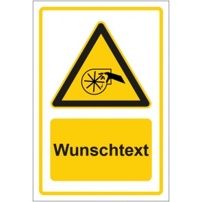 Schild Warnzeichen Warnung vor Handverletzung durch rotierende Lüfterblätter gelb mit WUNSCHTEXT