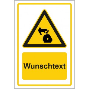 Aufkleber Warnzeichen Warnung vor Gefahr durch rotierendes Sägeblatt gelb mit WUNSCHTEXT · stark haftend