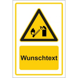 Schild Warnzeichen Hinweiszeichen Achtung, kein offenes Feuer gelb mit WUNSCHTEXT · selbstklebend