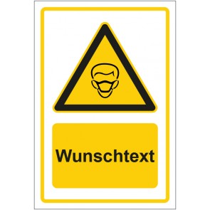 Schild Warnzeichen Hinweiszeichen Achtung, Mundschutz benutzen gelb mit WUNSCHTEXT · selbstklebend