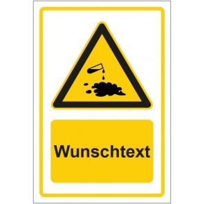 Schild Warnzeichen Warnung vor Säuren oder ätzenden Stoffen gelb mit WUNSCHTEXT
