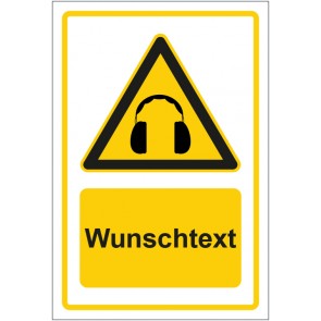 Schild Warnzeichen Hinweiszeichen Achtung, Gehörschutz tragen gelb mit WUNSCHTEXT · selbstklebend