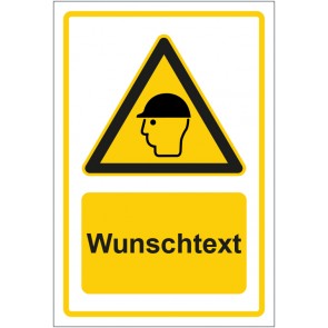 Aufkleber Warnzeichen Hinweiszeichen Achtung, Kopfschutz tragen gelb mit WUNSCHTEXT · stark haftend