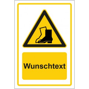 Aufkleber Warnzeichen Hinweiszeichen Achtung, Fußschutz tragen gelb mit WUNSCHTEXT · stark haftend