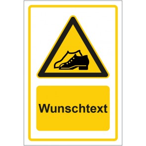 Aufkleber Warnzeichen Hinweiszeichen Achtung, festes Schuhwerk tragen gelb mit WUNSCHTEXT · stark haftend