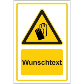 Magnetschild Warnzeichen Hinweiszeichen Achtung, Handschuhe tragen gelb mit WUNSCHTEXT