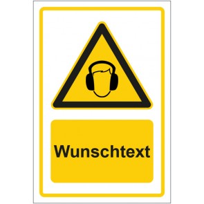 Schild Warnzeichen Hinweiszeichen Achtung, Gehörschutz tragen gelb mit WUNSCHTEXT · selbstklebend