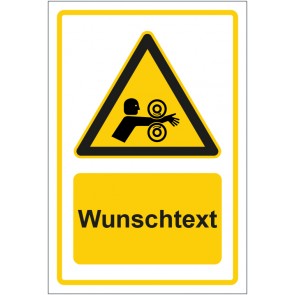 Aufkleber Warnzeichen Warnung vor Einzugsgefahr durch rotierende Walzen gelb mit WUNSCHTEXT