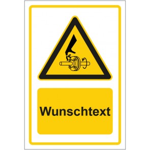 Schild Warnzeichen Warnung vor Handverletzung durch rotierende Welle gelb mit WUNSCHTEXT