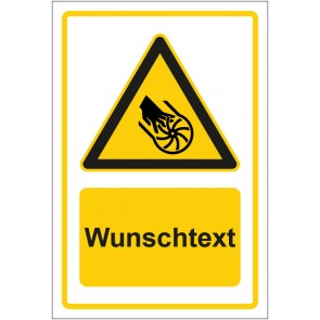 Schild Warnzeichen Warnung vor Handverletzung durch rotierende Teile gelb mit WUNSCHTEXT · selbstklebend