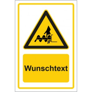 Schild Warnzeichen Warnung vor Handverletzung durch ungeschützt drehende Teile gelb mit WUNSCHTEXT · selbstklebend