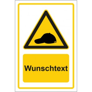 Schild Warnzeichen Hinweiszeichen Achtung, Anstoßkappe tragen gelb mit WUNSCHTEXT