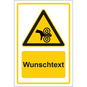 Schild Warnzeichen Warnung vor Einzugsgefahr durch rotierende Walzen gelb mit WUNSCHTEXT · selbstklebend
