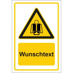 Aufkleber Warnzeichen Hinweiszeichen Achtung, Rettungsweste tragen gelb mit WUNSCHTEXT · stark haftend