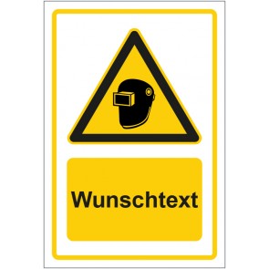 Schild Warnzeichen Hinweiszeichen Achtung, Schweißmaske tragen gelb mit WUNSCHTEXT · selbstklebend