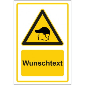 Schild Warnzeichen Hinweiszeichen Achtung, Anstoßkappe tragen gelb mit WUNSCHTEXT