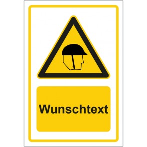 Schild Warnzeichen Hinweiszeichen Achtung Kopfschutz tragen gelb mit WUNSCHTEXT · selbstklebend