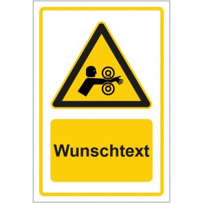 Aufkleber Warnzeichen Warnung vor Einzugsgefahr durch gegenläufige Walzen gelb mit WUNSCHTEXT · stark haftend
