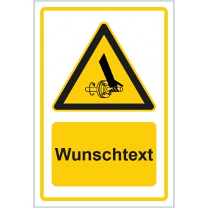 Schild Warnzeichen Warnung vor Handverletzung durch rotierende Welle gelb mit WUNSCHTEXT · selbstklebend
