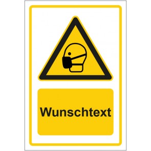Aufkleber Warnzeichen Hinweiszeichen Achtung, Mundschutz tragen gelb mit WUNSCHTEXT