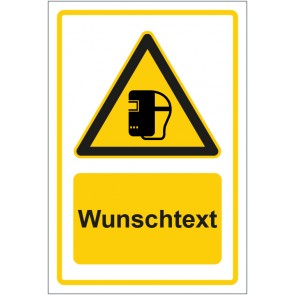 Schild Warnzeichen Hinweiszeichen Achtung, Schweißmaske tragen gelb mit WUNSCHTEXT