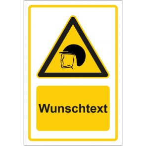 Schild Warnzeichen Hinweiszeichen Kopf- und Gesichtsschutz tragen gelb mit WUNSCHTEXT