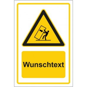 Schild Warnzeichen Warnung vor kippenden Gegenständen gelb mit WUNSCHTEXT · selbstklebend