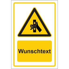 Aufkleber Warnzeichen Warnung vor Handverletzung durch Quetschgefahr gelb mit WUNSCHTEXT