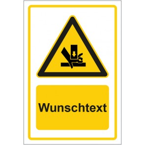 Aufkleber Warnzeichen Warnung vor Handverletzung durch Quetschgefahr gelb mit WUNSCHTEXT · stark haftend