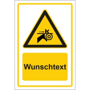 Schild Warnzeichen Warnung vor Handverletzung durch Riemenantrieb gelb mit WUNSCHTEXT