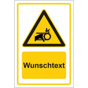 Aufkleber Warnzeichen Warnung vor Handverletzung durch Kettenantrieb gelb mit WUNSCHTEXT · stark haftend