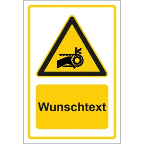 Schild Warnzeichen Warnung vor Handverletzung durch Zahnriemenantrieb gelb mit WUNSCHTEXT · selbstklebend