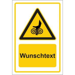 Magnetschild Warnzeichen Warnung vor Einzugsgefahr durch gegenläufige Rollen gelb mit WUNSCHTEXT