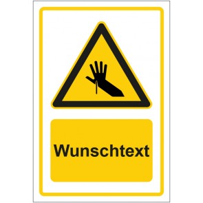 Aufkleber Warnzeichen Warnung vor Handverletzung - Stichgefahr gelb mit WUNSCHTEXT