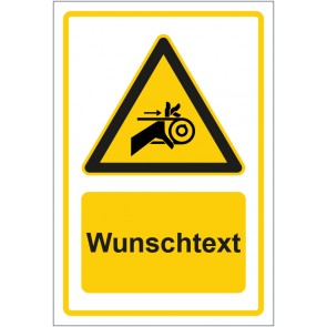 Schild Warnzeichen Warnung Handverletzung durch Riemenantrieb gelb mit WUNSCHTEXT
