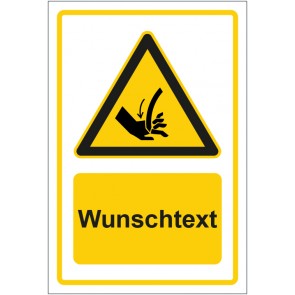 Schild Warnzeichen Warnung vor Handverletzung gelb mit WUNSCHTEXT