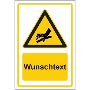 Schild Warnzeichen Warnung vor Handverletzung durch Hydraulikleck gelb mit WUNSCHTEXT · selbstklebend