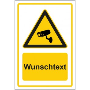 Schild Warnzeichen Hinweiszeichen Achtung, Videoüberwachung gelb mit WUNSCHTEXT · selbstklebend