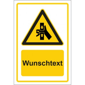 Schild Warnzeichen Warnung vor Quetschgefahr gelb mit WUNSCHTEXT · selbstklebend