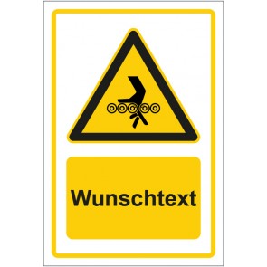 Schild Warnzeichen Hinweiszeichen Einzugsgefahr gelb mit WUNSCHTEXT · selbstklebend
