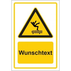 Schild Warnzeichen Warnung vor Absturzgefahr auf dem Förderband gelb mit WUNSCHTEXT