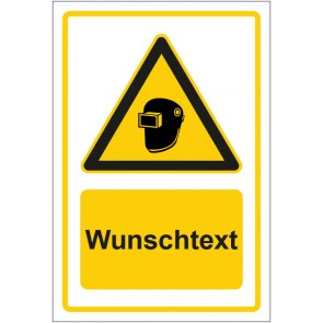 Schild Warnzeichen Hinweiszeichen Achtung, Schweißmaske tragen gelb mit WUNSCHTEXT