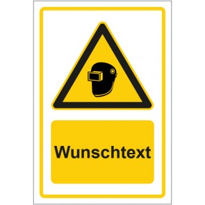 Schild Warnzeichen Hinweiszeichen Achtung, Schweißmaske tragen gelb mit WUNSCHTEXT · selbstklebend