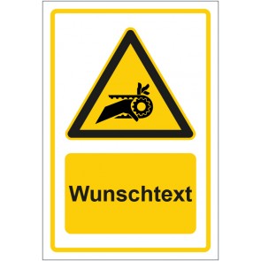 Aufkleber Warnzeichen Warnung vor Einzug durch Riemenantrieb gelb mit WUNSCHTEXT · stark haftend