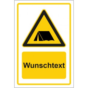 Schild Warnzeichen Hinweiszeichen Achtung, Camping Platz gelb mit WUNSCHTEXT · selbstklebend