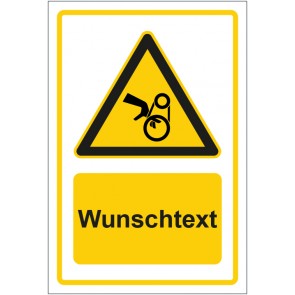 Aufkleber Warnzeichen Warnung vor Handverletzung durch Riemenantrieb gelb mit WUNSCHTEXT