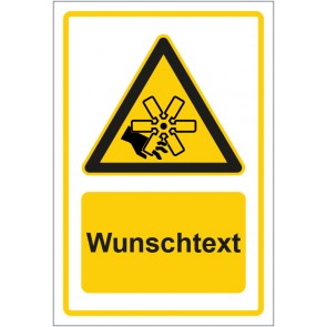 Aufkleber Warnzeichen Warnung vor Handverletzung durch rotierendes Lüfterrad gelb mit WUNSCHTEXT · stark haftend