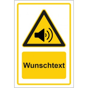 Schild Warnzeichen Warnung vor erhöhter Lautstärke gelb mit WUNSCHTEXT · selbstklebend