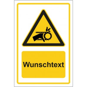 Schild Warnzeichen Warnung vor Handverletzung durch Riemenantrieb gelb mit WUNSCHTEXT